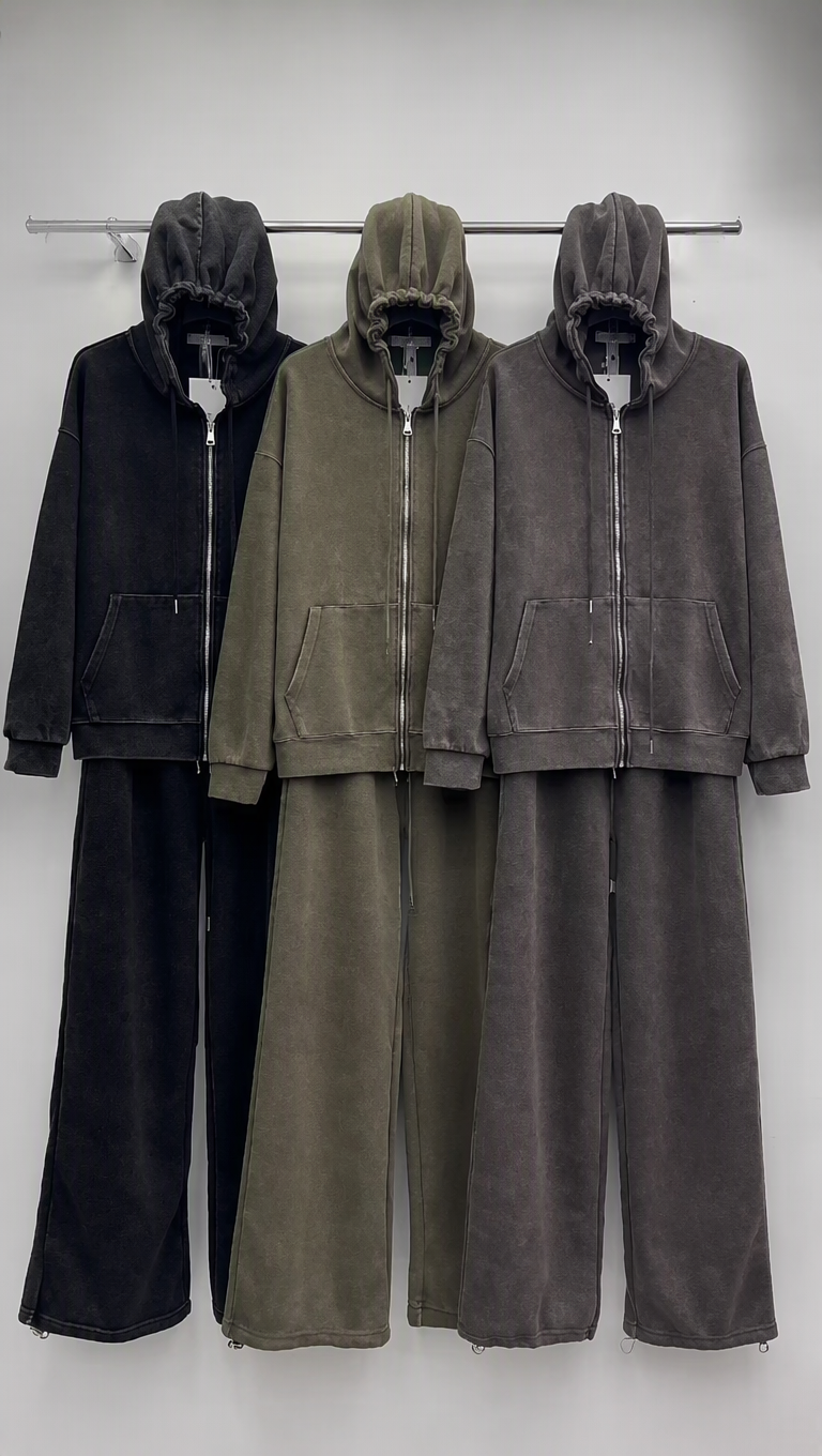HUAJUN vintage wash hoodie and wide-leg trouser sets in black, olive and charcoal